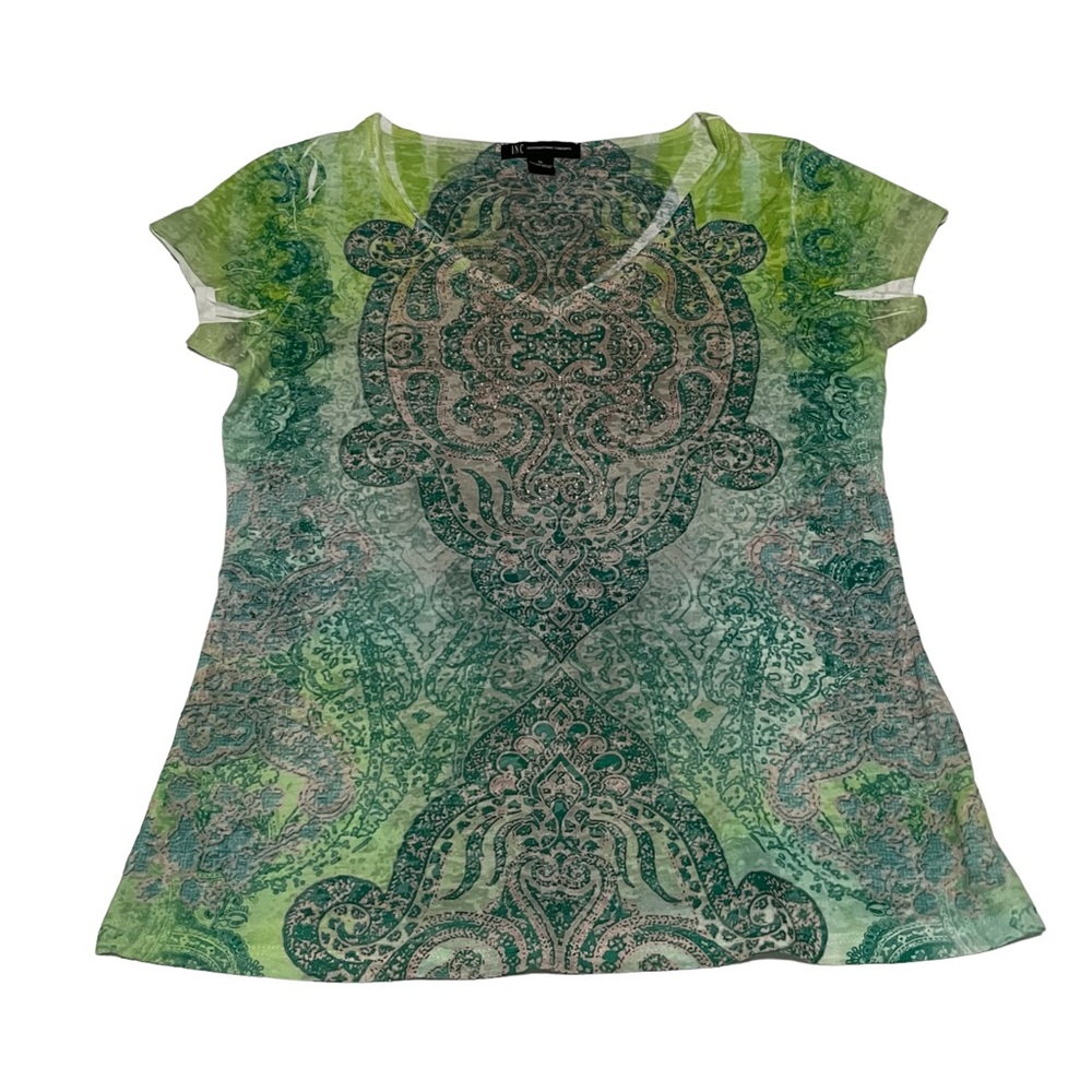 INC Green Paisley Embellished Boho Blouse Size M
